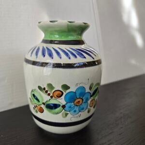 Hand Painted Vase Artist Signed 5" Made in Mexico Blue Green Floral
